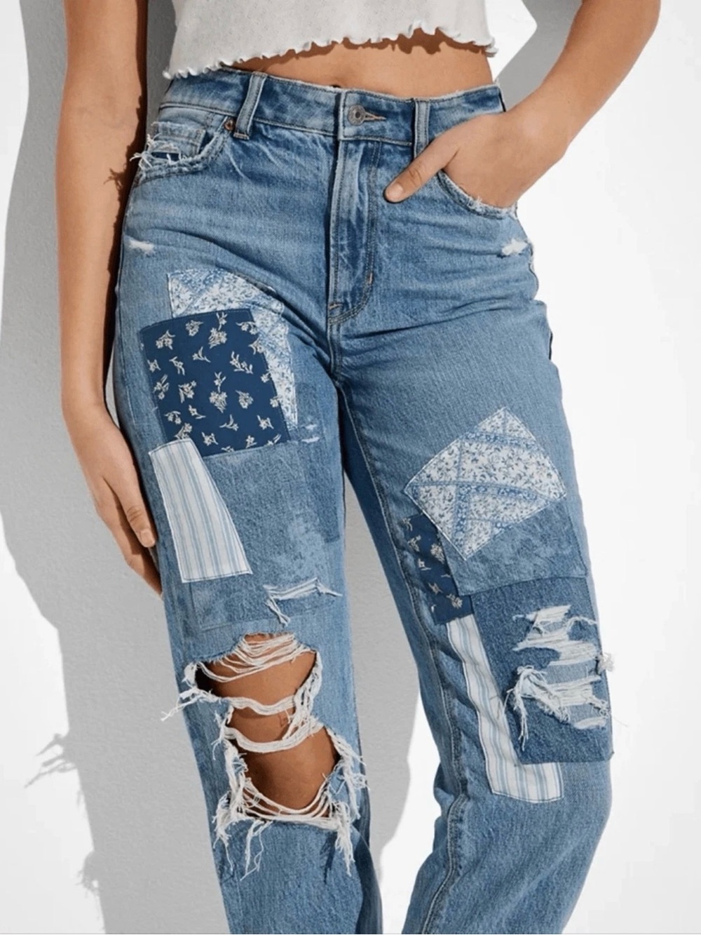 American Eagle Patched Mom Straight Jeans High Rise Distressed Patchwork